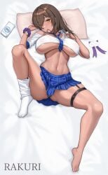 1girls absurd_res artist_name ass barefoot bed biting black_hair black_panties blue_skirt blush bracelet breasts cellphone choker crop_top dark-skinned_female dark_skin goddess_of_victory:_nikke gyaru hair_over_one_eye huge_breasts long_hair looking_at_viewer loose_socks lying naga_(nikke) navel necktie no_bra off_shoulder panties pillow pleated_skirt rakuri school_uniform skirt solo solo_female stomach thigh_strap thighs underboob underwear wristband yellow_eyes