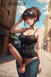 1futa ai_generated balls beauty_(pokemon) beauty_(pokemon_xy) black_tank_top brown_hair building city erect_penis erection flordulce futa_only futanari green_eyes jeans npc_trainer outdoors pants penis penis_out pokemon pokemon_xy pubic_hair sagging_balls spaghetti_strap standing sunglasses sunglasses_on_head tank_top testicles