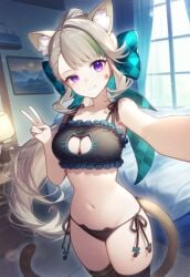 ai_generated anthro bra breasts cat_ears cat_lingerie catgirl genshin_impact lingerie lynette_(genshin_impact) panties peace_sign perky_breasts selfie setsuaiart smile underwear v