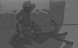 ahegao ahegao_face baseball_bat blood champaanimation champi_(oc) clothed clothed_male crossed_eyes curly_hair female femboy femboy_on_female glasses greyscale imminent_rape imminent_sex inverted_nipples kneeling long_hair long_tongue monochrome park partially_clothed partially_nude questionable_consent ryona sidewalk sketch snake snake_girl snake_tail snuff spasming spasms squirting twitching