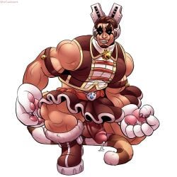 1boy 2024 bottomless brown_penis clothed clothing crossdressing male_only mostly_clothed muscle muscular muscular_male my_hero_academia precum_drip pullaskiart skirt solo squatting yawara_chatora