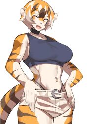 1girls big_breasts breasts female looking_at_viewer looking_down muscular_thighs mx99926 navel navel_piercing oc panties short_hair sole_female solo solo_female solo_focus tail tank_top thick_thighs tiger tiger_ears tiger_girl tiger_print tiger_stripes tiger_tail waai_fu_(arknights) wide_hips