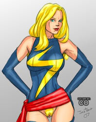 1girls 2007 blonde_hair blue_eyes bottomless carol_danvers color colored copyof dated elbow_gloves female female_only female_pubic_hair gloves hands_on_hips human human_only jaxtraw leotard lipstick long_hair looking_at_viewer makeup marvel marvel_comics ms._marvel_(carol_danvers) no_panties pubic_hair pussy red_lipstick sash signature sketch solo standing straight_hair superheroine thighhighs uncensored