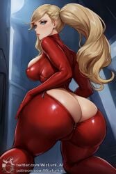 ai_generated ann_takamaki ass_cleavage ass_focus atlus big_ass big_breasts blonde_hair blue_eyes bodysuit bursting_butt butt_crack huge_ass kneeling long_hair looking_at_viewer looking_back overflowing_ass persona persona_5 red_bodysuit tight_clothing twintails wizlurk_ai zipper zipper_down