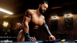 3d 3d_(artwork) 3d_model bearded billiard_ball billiard_table billiards brown_hair finn_balor gaynathandrake green_eyes indoor_nudity indoors light-skinned_male light_skin male_only muscles muscular muscular_male naked naked_male nude nude_male solo solo_focus solo_male wwe