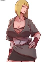 aosora blonde_hair blue_eyes bob_cut breasts cleavage collarbone dress female fishnet_top fishnets grey_dress hand_on_own_hip highres large_breasts looking_at_viewer naruto naruto_(series) naruto_shippuden open_mouth samui short_hair simple_background solo standing voluptuous white_background