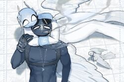 arm_around_neck armband blue_body cigarette countryhumans countryhumans_girl dove harness nato_(countryhumans) oceanic_pallete smiling tagme united_nations_(countryhumans) white_eyes white_headwear white_wings wings