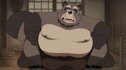 2024 animated anthro balls bara belly big_balls big_belly brown_body canid canine detailed_background duo eto1212 eyewear furry genitals glasses kemono male male_only mammal mature_male moobs nipples obese obese_male overweight overweight_male raccoon_dog solo_focus tanuki