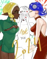 2024 2girls anon black_eyelashes blonde_hair blue_hair blush blush_lines breasts chinese_clothes closed_eyes clothed clothing dark-skinned_female dark_skin digital_media_(artwork) double_kiss dress ear_piercing frye_(splatoon) frye_onaga green_clothing green_dress hi_res kiss_mark kiss_mark_on_face light-skinned_female light_skin lipstick_mark multiple_girls new_year new_year_2024 nintendo pseudo_hair rainbow_party red_dress shiver_(splatoon) shiver_hohojiro splatoon splatoon_(series) splatoon_3 tentacle tentacle_hair text white_background yellow_eyebrows yellow_eyelashes yellow_eyeshadow yellow_hair