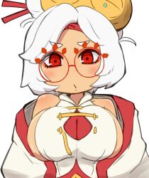 1girls bare_shoulders big_breasts blush breasts cleavage clothed glasses looking_at_viewer makino_nono nintendo purah purah_(tears_of_the_kingdom) red_eyes solo tears_of_the_kingdom the_legend_of_zelda the_legend_of_zelda:_tears_of_the_kingdom white_hair