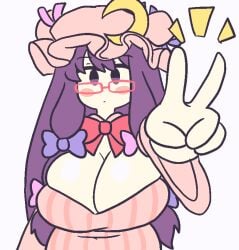 1girls big_breasts breasts cleavage clothed_female glasses hat librarian light-skinned_female long_hair mob_face notnoe_(dxcl) patchouli_knowledge peace_sign purple_eyes purple_hair touhou white_background