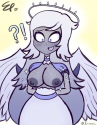 1girls angel blue_eyes blush breasts breasts_out clothing cute dress emily_(hazbin_hotel) female female_only freckles hair hazbin_hotel humanoid invalid_tag looking_at_viewer seraph_(angel) solo sparkles spunow spunow_ surprised_look torn_clothing white_hair wings