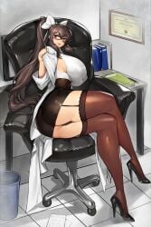 1girls 2021 ass big_breasts brown_hair crossed_legs detailed_background female female_only female_solo garter_straps glasses gurimjang hair_ribbon heels long_hair looking_at_viewer office_chair office_lady on_side ponytail red_eyes red_lipstick sitting sitting_on_chair smiling smiling_at_viewer solo solo_female stockings suggestive suggestive_pose thick_ass thick_thighs thighs very_high_resolution very_long_hair