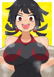 0825gensou 1girls berun_(zakeruga1zakeru) big_breasts black_hair breasts female open_mouth pokemon pokemon_oras red_eyes short_hair solo sweat sweaty thick_thighs towel towel_open twintails wide_hips zinnia_(pokemon)