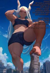 1girls ai_generated boku_no_hero_academia city cutesexyrobutts_(style) cutesexyrobutts_ai_artstyle_imitation dspaceous english_text feet giantess looking_down miruko my_hero_academia rumi_usagiyama solo_female text