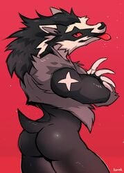 1boy ambiguous_gender ass back black_fur claws crossed_arms from_behind fur hi_res kumak71395 long_claws male_only multicolored_fur nintendo obstagoon pokémon_(species) pokemon pokemon_ss red_background red_eyes simple_background sketch solo text thick_thighs tongue tongue_out two_tone_fur video_games watermark