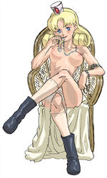 blonde_hair blue_eyes boots breasts crossed_legs female gundam jewelry kneehighs margaret_gathermoon mayor_margaret_gathermoon nipples sd_gundam sitting topless