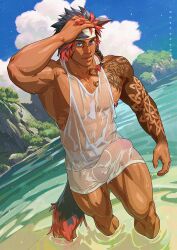 1boy abs arm_tattoo armpits beach beach_background black_hair blue_eyes bulge bulge_through_clothing commission erection erection_under_clothes final_fantasy final_fantasy_xiv hand_in_hair headband in_water looking_at_viewer male male_only miqo'te mocucumo muscles muscular muscular_arms muscular_chest muscular_male muscular_thighs nipple_piercing nipples pecs penis pov pov_eye_contact red_and_black_hair red_hair see-through see-through_clothing solo solo_male standing standing_in_water tail tan_body tank_top tanned tanned_skin tattoo tattooed_arm thick_arms thick_legs thick_penis thick_thighs tosetsu touching_hair two_tone_hair underwear wet_clothes wet_clothing