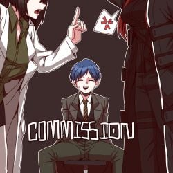 1boy 2girls arguing b2k better_version_at_source blue_hair brown_hair business_suit carmen_(lobotomy_corporation) chesed daniel_(lobotomy_corporation) female gebura_(lobotomy_corporation) kali_(lobotomy_corporation) labcoat library_of_ruina lobotomy_corporation male muscular_female pixiv_sample project_moon red_hair trenchcoat