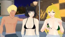 1boy 2girls bikini bikini_top blake_belladonna blonde_female blonde_hair hot_tub long_hair long_hair_female purple_eyes rwby sun_wukong_(rwby) theblackbirdcalls yang_xiao_long yellow_eyes