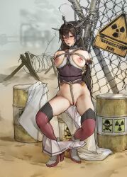 absurdres arms_behind_back black_hair blush bondage bound bound_arms breast_bondage breasts breasts_out chain-link_fence chains crotch_rope drum_(container) elbow_gloves female female_only femsub fence gdhs gloves hair_between_eyes headgear highres kantai_collection kinbaku large_breasts long_hair miniskirt nagato_(kantai_collection) nipple_piercing piercing pleated_skirt radiation_symbol red_eyes red_thighhighs restrained rope rope_bondage rudder_footwear shiba*ri shibari_over_clothes skirt skirt_around_ankles solo_female thighhighs white_skirt