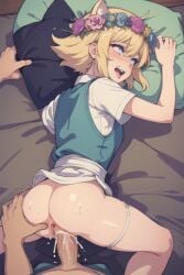 2boys ahe_gao ai_generated ass basil_(omori) cat_boy cat_ears catboy cuntboy femboy gay_sex intersex male missionary_position omori on_back on_bed penis penis_in_ass pillow pussy sex vagina vaginal vaginal_penetration vaginal_sex yaoi yellow_hair