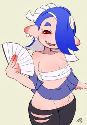 1girls bandage blue_hair breasts cameltoe cleavage fan hi_res holding_fan holding_object light_skin looking_at_viewer low_cut_pants makino_nono medium_breasts midriff navel nintendo octoling octoling_girl pants red_eyes ripped_clothing shiver_(splatoon) simple_background smile smiling_at_viewer solo splatoon splatoon_(series) splatoon_3 thighs tight_clothing underboob wide_hips