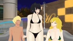 1boy 2girls bikini bikini_bottom bikini_top black_hair black_hair_female blake_belladonna blonde_female blonde_hair hot_tub purple_eyes rwby standing_in_water standing_up sun_wukong_(rwby) theblackbirdcalls yang_xiao_long yellow_eyes