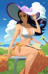 1girls absurdres akuma_no_mi armpit_crease artist_logo beach bikini bikini_top_only black_hair blue_sky book bow breasts cleavage closed_mouth cloud collarbone day dress eyewear_on_head female female_only glasses grass halterneck hana_hana_no_mi hand_on_table hat hat_bow highres holding holding_book holding_clothes holding_hat horizon large_bow large_breasts large_hat long_hair looking_to_the_side midriff multi_arm multi_limb navel nico_robin ocean one_piece open_book orange_skirt outdoors palm_leaf palm_tree pink_ebi pinup_(style) plant post-timeskip purple_bow purple_headwear sand scenery shaded_face side-tie_bikini_bottom side-tie_skirt sideboob signature sitting sitting_on_table skirt sky smile solo sunglasses swimsuit table thighs tinted_eyewear tree two-tone_headwear water white_bikini white_headwear