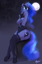 alicorn anthro armor blue_eyes blue_eyeshadow blue_hair blue_tail breasts clothing cutie_mark equid equine female friendship_is_magic hair hasbro horn legwear long_hair mammal mtcerber my_little_pony nipple_piercing nipples piercing princess_luna_(mlp) sitting solo stockings tail