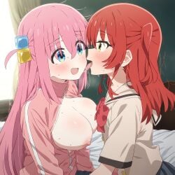 2girls ai_generated blue_eyes bocchi_the_rock! breasts_out breasts_out_of_clothes female female_only gotou_hitori green_eyes kita_ikuyo licking licking_cheek pink_hair red_hair yamaimo510 yuri