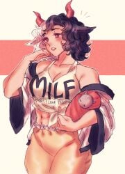 abs animal_ears animal_print bare_shoulders black_hair blush breasts cleavage clothes_writing collarbone commentary cow_ears cow_girl cow_horns cow_print cowboy_shot curly_hair english_commentary english_text female frilled_pants frills hand_on_own_cheek hand_on_own_face haori highres holding holding_baby horns japanese_clothes large_breasts legs_together light_smile looking_away mature_female midriff milf multicolored_hair muscular muscular_female navel oni oni_horns orz_(kagewaka) pants parted_lips red_eyes red_horns shirt short_hair sleeveless sleeveless_shirt solo split-color_hair tank_top thick_arms tied_shirt touhou two-tone_hair ushizaki_urumi white_hair white_shirt white_tank_top yellow_pants