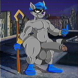 anthro anthro_only ass balls big_balls big_butt big_feet big_penis clothing feet genitals hat headgear headwear hi_res holding_object huge_butt huge_cock humanoid male mammal penis possbooty procyonid raccoon rooftop slightly_chubby slightly_muscular sly_cooper sly_cooper_(series) solo sony_corporation sony_interactive_entertainment staff sucker_punch_productions thick_thighs vhs_filter