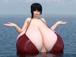 1girls auctus177 big_breasts black_hair blue_eyes breasts breasts_bigger_than_head enormous_breasts female female_only gigantic_breasts huge_breasts hyper hyper_breasts ivana_(auctus177) large_breasts massive_breasts sea shrug tagme water