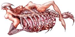 akiragoya body_horror female_only galshell horror large_breasts monster official_art ribcage scary skeleton tail