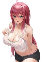 big_breasts blue_eyes breasts eye_contact female female_focus female_only huge_breasts looking_at_viewer onedoo original original_character pink_hair shorts simple_background solo sweat sweatdrop thick_thighs thong voluptuous wet_clothes wet_shirt white_background wide_hips