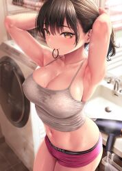 1girls armpits crop_top kase_daiki looking_at_viewer nipple_bulge nipples nipples_visible_through_clothing ponytail sexy_armpits sweat tying_hair