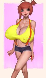 asymmetrical_hair back bent_over blue_eyes blush breasts clothing crossed_legs denim denim_shorts eyelashes female female_only game_freak gigantic_breasts green_eyes gym_leader hair_between_eyes hair_tie high_resolution holding holding_object holding_poke_ball huge_breasts human_only kasumi_(pokemon) large_breasts legs looking_at_viewer navel nintendo nipples open_mouth orange_hair poke_ball pokemon pokemon_(anime) pokemon_(classic_anime) pokemon_(game) pokemon_rgby ponytail pose randy_(awesomevillage) randystarfru1t shiny shiny_skin shirt short_hair short_shorts shorts side_ponytail simple_background smile solo suspenders tank_top teeth thighs tied_hair very_high_resolution yellow_shirt yellow_tank_top