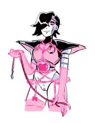 1boy black_hair bondage cuntboy cuntboy_only exposed_pussy girly gloves intersex leash looking_down male metallic_body mettaton mettaton_ex nail_polish pussy robot robot_humanoid smile solo squishabdomen_(artist) thighhighs undertale white_background