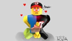 1boy 2022 3d black_cap black_eyebrows blush cartoony cinema4d cinema_4d clothed disembodied_hands grey_background hand_on_penis heart heart-shaped_pupils human_hands male_only masturbation no_humans open_mouth pink_eyes red_blush roblox roblox_avatar robloxian xd yellow_balls yellow_body yellow_penis