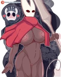 anthro athletic_female big_breasts black_body blush hollow_knight hornet_(hollow_knight) huge_breasts insect insect_girl larger_female protagonist_(hollow_knight) theninjadark