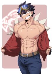 1boy 2022 abs absurd_res artist_name artist_signature bara big_chest big_pecs chest eeee_san gatimori_arasi goggles hi_res jeans light light-skinned_male light_skin looking_down male male_only muscles muscular muscular_male open_shirt pants pecs pink_background plain_background purple_eyes seductive seductive_pose simple_background smile smiling solo spiky_hair tan_skin virtual_youtuber white_background