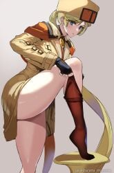 1girls ashiomi_masato blonde_hair blue_eyes feet female getting_dressed guilty_gear hat legs looking_at_viewer millia_rage simple_background solo stockings thighs uniform