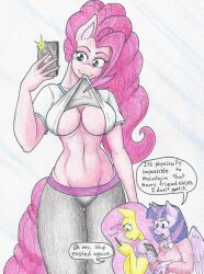 3girls anthro big_breasts bra breasts exposed_belly exposed_breasts female female_only flicker-show fluttershy_(mlp) furry my_little_pony my_little_pony_friendship_is_magic navel phone pinkie_pie_(mlp) pony shirt_lift shirt_up speech_bubble straight_hair twilight_sparkle_(mlp)