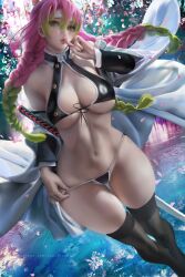 alternate_costume big_breasts bikini bimbo black_bikini black_legwear black_swimsuit black_thighhighs braided_hair cleavage cleavage_cutout curvy demon_slayer detached_sleeves feet_out_of_frame female female_only finger_in_mouth green_eyes haori hi_res hourglass_figure kanroji_mitsuri kimetsu_no_yaiba long_hair looking_at_viewer mole_under_eye nylons pink_hair realistic sakimichan skimpy skimpy_bikini skimpy_clothes slutty_demonslayer_uniform solo standing swimsuit thick_thighs thighhighs thong two_tone_hair underboob wide_hips