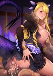 1boy ass bangs black_dress blonde_hair breasts censored cowgirl_position cum cum_in_pussy dark-skinned_female dark_skin dragon_girl dragon_horns dragon_tail dress facial_mark fate/grand_order fate_(series) female horns large_breasts long_hair long_sleeves looking_at_viewer looking_back nipples open_mouth penis pussy sex smile straddling straight straight_hair sweat swept_bangs tail thighs vaginal_penetration veil vritra_(fate) yellow_eyes zucchini