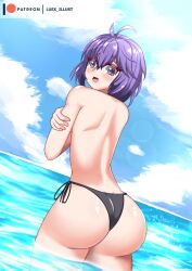 1girls alternate_costume ass back_view bare_shoulders bernadetta_von_varley bikini bikini_bottom bikini_bottom_only bikini_malfunction black_bikini black_swimsuit blush breasts bubble_butt covering covering_breasts dimples_of_venus embarrassed fire_emblem fire_emblem:_three_houses from_behind huge_ass humiliation large_ass looking_at_viewer looking_back luex nintendo open_mouth purple_eyes purple_hair shiny shiny_clothes shiny_hair short_hair solo topless wardrobe_malfunction