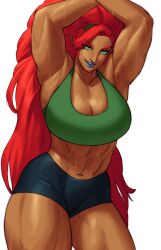 1girls abs absurd_res armpits athletic athletic_female big_breasts blue_lipstick breath_of_the_wild clothed clothing dark-skinned_female dark_skin female_only fit fit_female fully_clothed gerudo green_eyes muscular_female nintendo pointy_ears pointy_nose red_hair shorts solo sotcho sports_bra the_legend_of_zelda thick_thighs thunder_thighs urbosa white_background