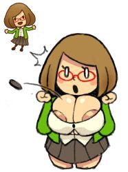 1girls 2021 alternate_breast_size areola big_areola big_breasts big_nipples blouse blush bob_cut brown_hair bursting_breasts buttons cleavage coat eyelashes glasses huge_areolae huge_breasts huge_nipples mob_face nikki_(swapnote) nintendo nipple_slip overflowing_breasts red_frame_glasses reference_image shocked skirt solo_female solo_focus swapnote wallstapless wardrobe_malfunction white_background