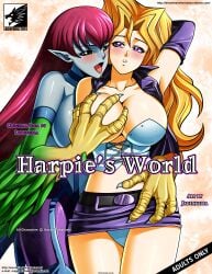 2girls auburn_hair blonde_hair blush breasts clothing comic_cover elf_ears english_text female green_eyes groping_breasts harpie_lady jacket jadenkaiba long_gloves mai_valentine multiple_girls panties pointy_ears purple_eyes skirt_lift tongue_out yu-gi-oh! yuri